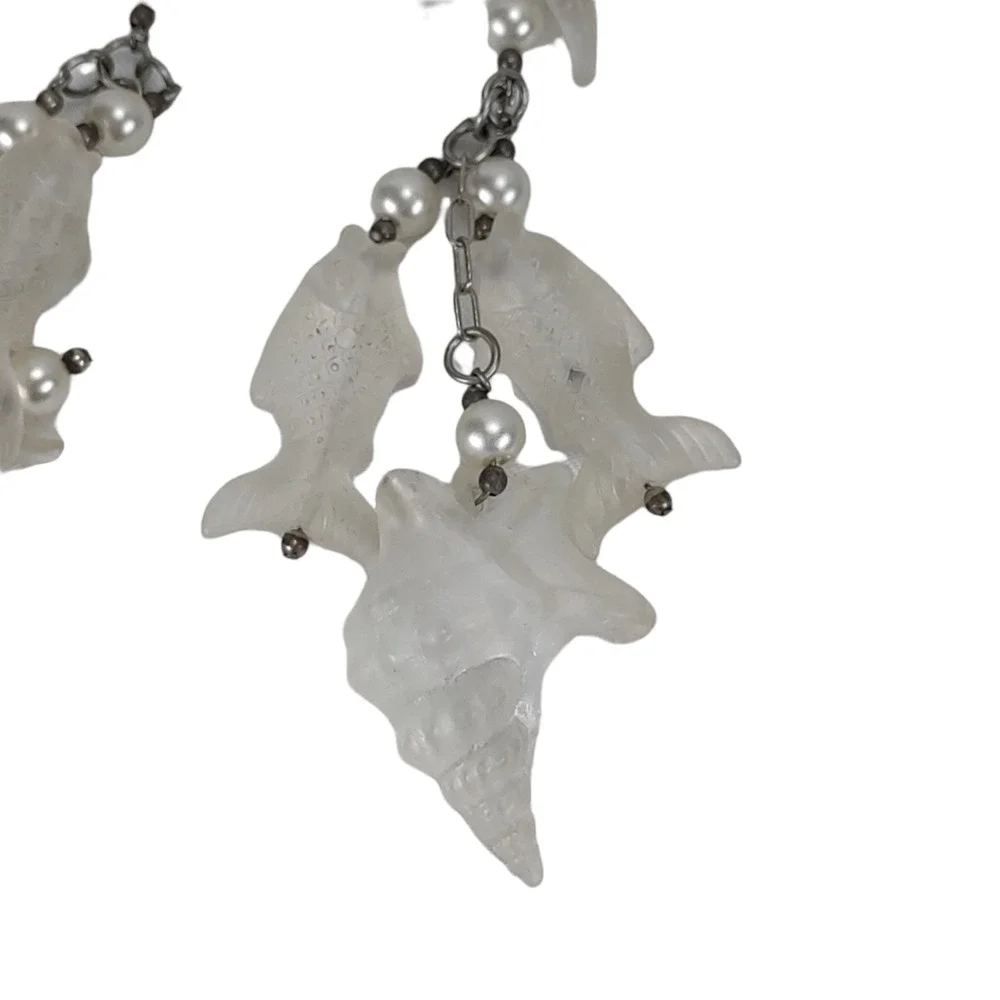 Vintage Mermaidcore Nautical Dangle Earrings Frosted Acrylic Shells Fish